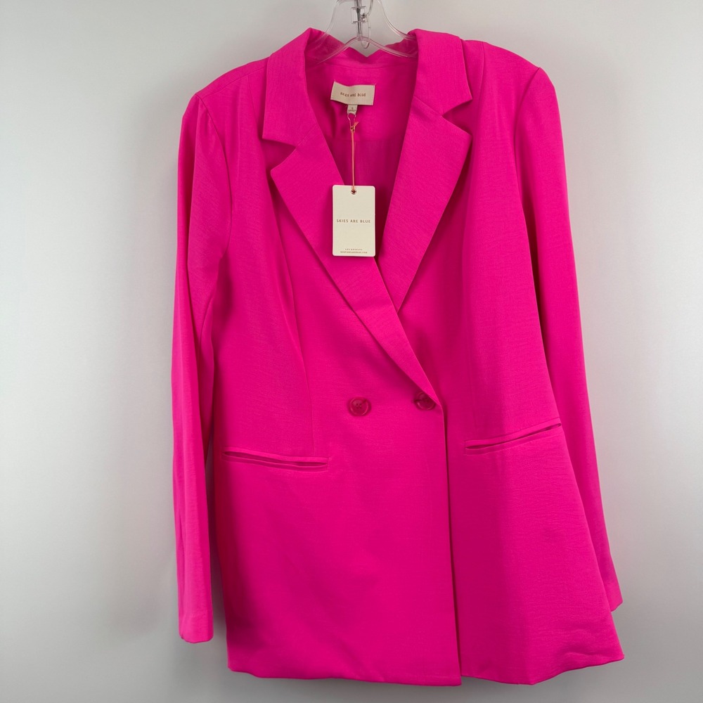 Skies Are Blue Womens Hot Pink Double Breasted Blazer Jacket Neon Pink S NWT